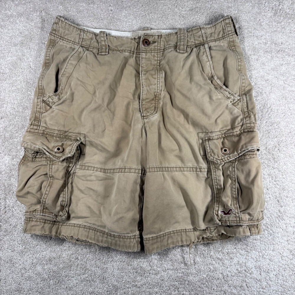 Hollister Mens Tan Khaki‎ Cargo Shorts Size 33 Distressed Frayed Cotton Twill